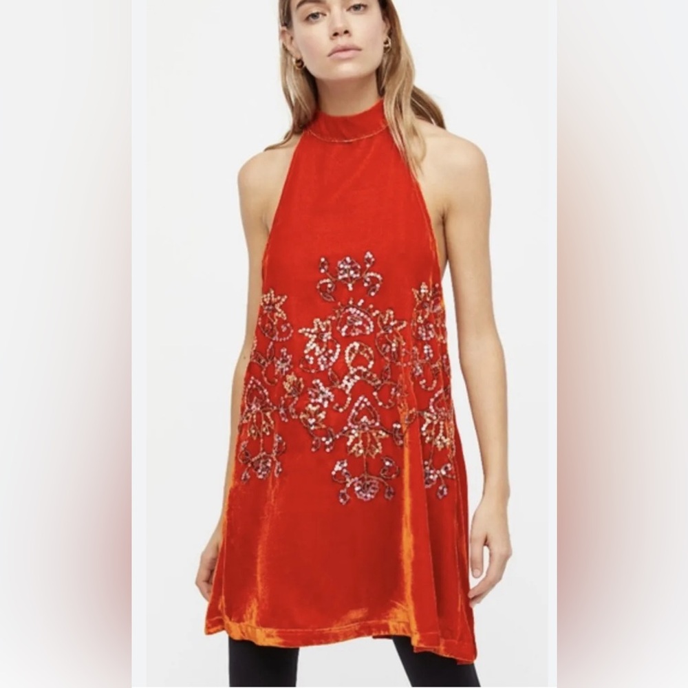 Free People Jills Sequin Swing Dress Burnt Orange Velvet with Sequins
